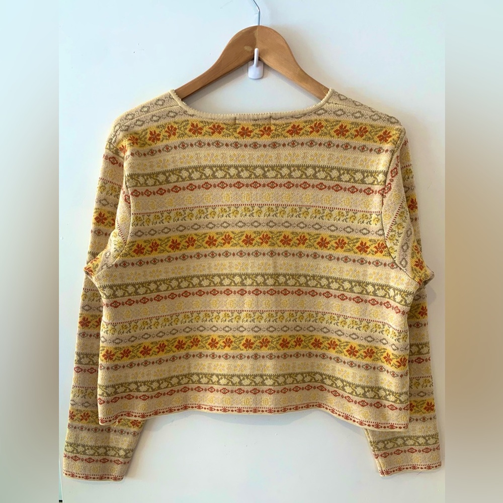 April Cornell Cream Yellow Olive Patterned Cropped Cardigan - Picture 3 of 4